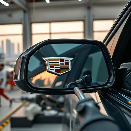 A technician replacing a side mirror on a Cadillac in a Dubai auto repair shop, with Dubai's skyline in the background.