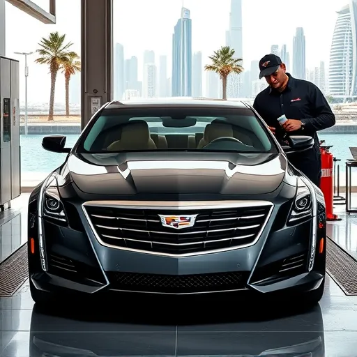 A mechanic conducting a synthetic oil change on a Cadillac in a Dubai garage, with the city skyline in the background.
