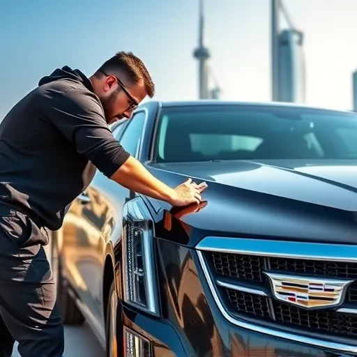 A technician expertly repairing a scratch on a Cadillac car in Dubai, with the city’s skyline in the background.