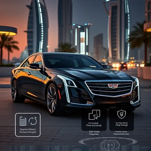 A Cadillac featuring an advanced immobilizer and security system, set against the backdrop of Dubai's modern skyline, emphasizing cutting-edge technology and luxury.