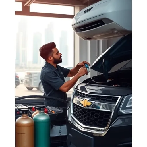 A mechanic servicing a Chevrolet car's air conditioning system in a garage in Dubai, surrounded by tools and equipment.