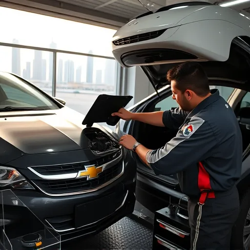 A mechanic repairing the air conditioning system of a Chevrolet car in a Dubai garage, with tools and the Dubai skyline in the background.