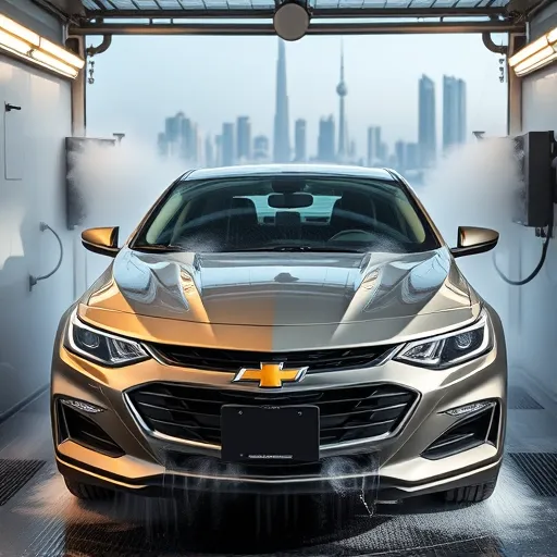 A Chevrolet car undergoing steam cleaning and sanitization in a car wash in Dubai, with the city skyline in the background.