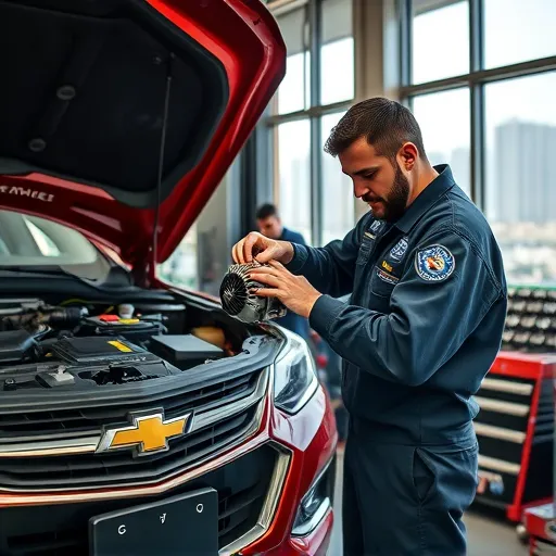 A mechanic working on a Chevrolet alternator replacement in a Dubai auto repair shop, showcasing tools and the city skyline in the background.