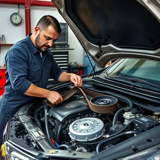 A mechanic replacing the timing belt of a Chevrolet car in a Dubai garage, highlighting the tools and engine components involved in the process.