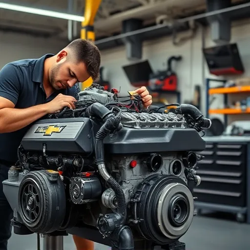 A mechanic examining a Chevrolet engine during a used engine replacement service in a Dubai workshop.