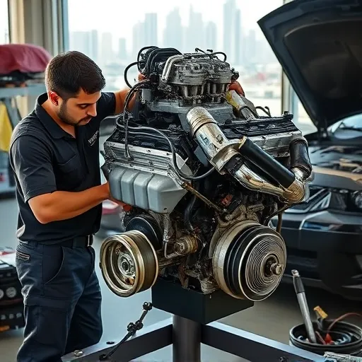 A mechanic working on the installation of a used Chevrolet engine in a well-equipped workshop in Dubai, with the city's skyline visible.