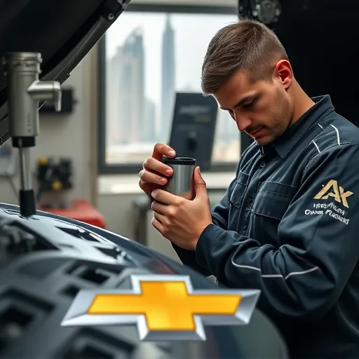 A mechanic replacing the fuel filter of a Chevrolet car in a workshop with a view of the Dubai skyline.
