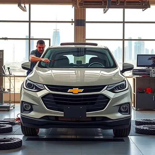 A mechanic performing diagnostic services on a Chevrolet car in a Dubai auto repair shop, with city skyline in the background.