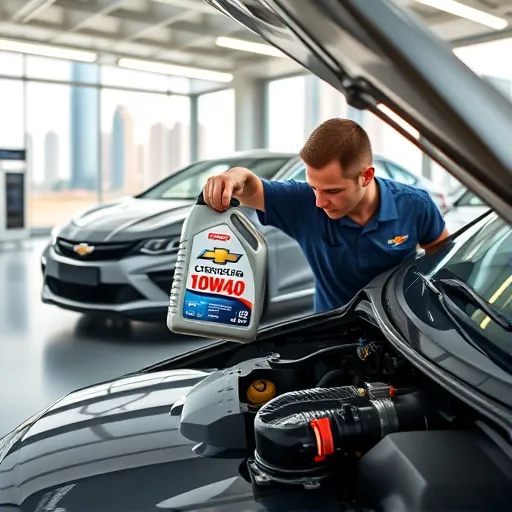 A mechanic in a service station in Dubai pouring Chevrolet 10W40 engine oil into a car's engine, with a Chevrolet vehicle and Dubai skyline in the background.