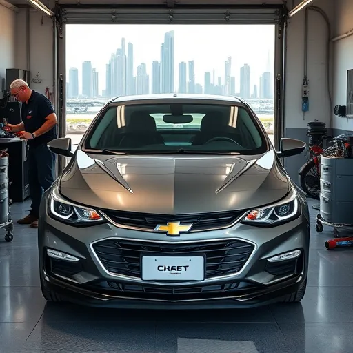 A mechanic servicing a Chevrolet car in a Dubai garage, with tools and car parts around and the Dubai skyline in the background.