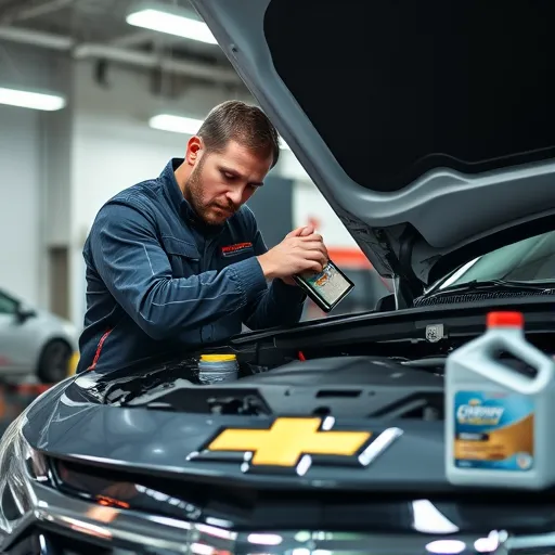 A technician working on a Chevrolet car's engine oil change and filter service in a well-equipped garage in Dubai.
