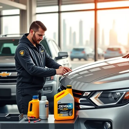 A technician changing the oil in a Chevrolet car at a service center in Dubai, with the city skyline visible in the background.