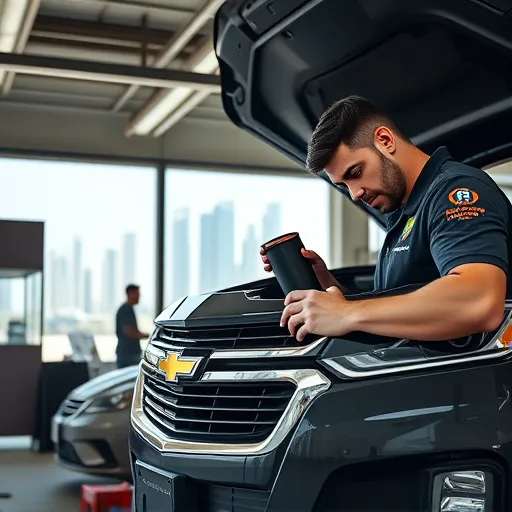 A mechanic changing the oil filter of a Chevrolet car in a Dubai auto service center, with the city skyline in the background.