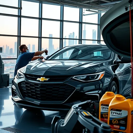A mechanic changing synthetic oil in a Chevrolet vehicle at a modern service center in Dubai, with city views and oil containers visible.