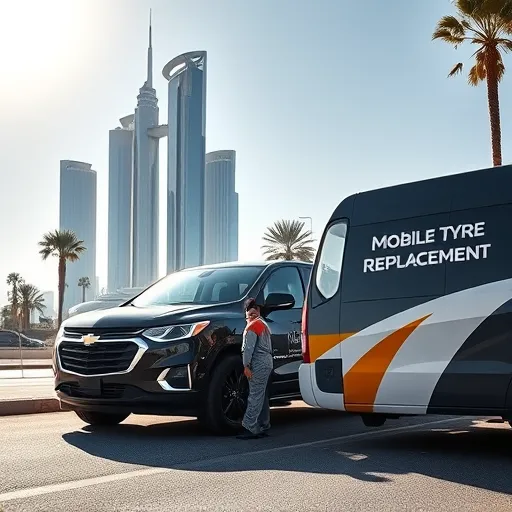 A Chevrolet vehicle being serviced for tyre replacement by a technician in a mobile unit on a Dubai street, with city skyscrapers and palm trees in the background.