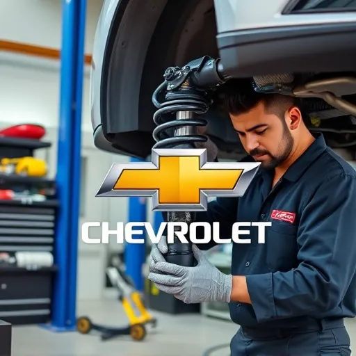 A mechanic repairing the suspension of a Chevrolet vehicle in a well-equipped workshop in Dubai, surrounded by tools and parts.