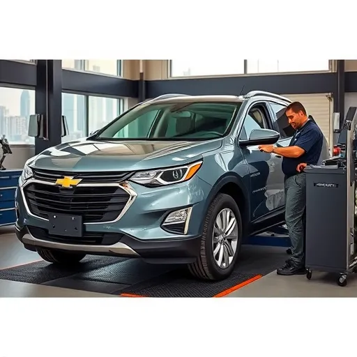 A technician aligning and balancing the wheels of a Chevrolet car in a Dubai auto service center, featuring high-tech tools and a view of the city skyline.