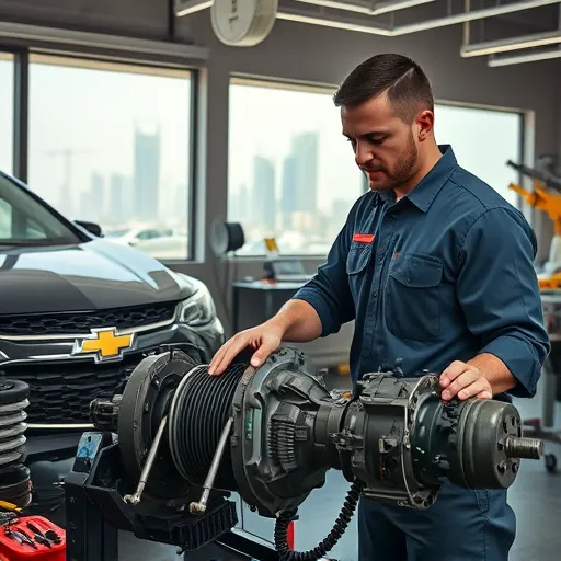 A mechanic inspecting the clutch and gearbox of a Chevrolet car in a Dubai garage, with tools and the city skyline in the background.