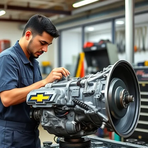 A mechanic repairing a Chevrolet transmission in a well-equipped workshop in Dubai, showcasing the complex components of a gearbox.