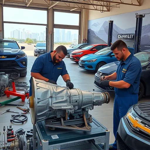 Mechanics in a Dubai auto repair shop installing a used Chevrolet transmission, surrounded by various car parts and Chevrolet models.