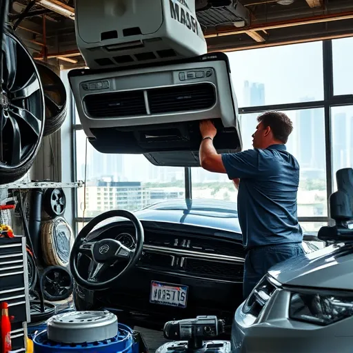 A mechanic working on a Dodge car's AC evaporator core replacement in a Dubai workshop, with city skyline in the background.