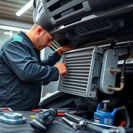 A technician working on a Dodge AC evaporator in an automotive repair shop in Dubai, highlighting the repair process and tools used.