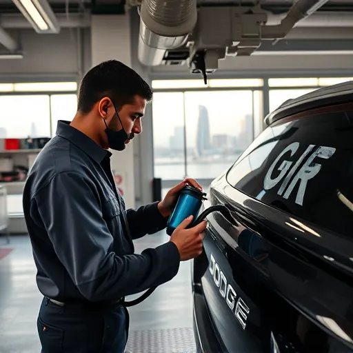 A mechanic performing AC gas refilling on a Dodge car in a well-lit garage in Dubai, surrounded by tools and equipment.
