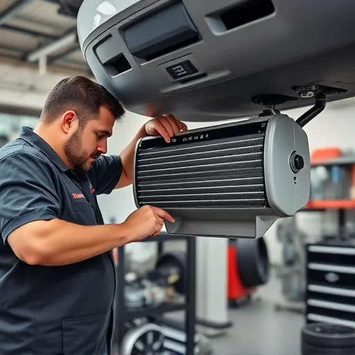 A technician working on a Dodge AC system condenser repair in a well-equipped automotive workshop in Dubai.