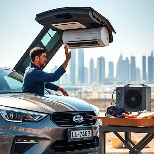 A technician regassing the air conditioning system of a car in Dubai, with the city skyline in the background.