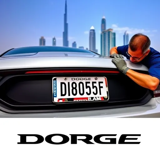 A mechanic installing a custom Dodge license plate frame on a vehicle in Dubai, with the city's skyline visible in the background.