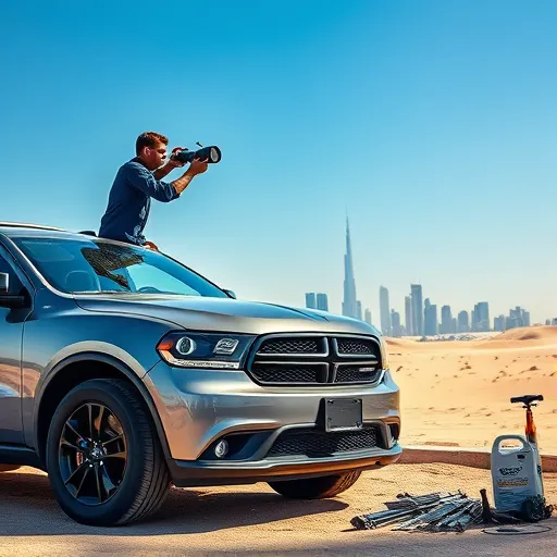 A technician installing a Dodge roof rack on an SUV in Dubai, with the skyline in the background and tools nearby.