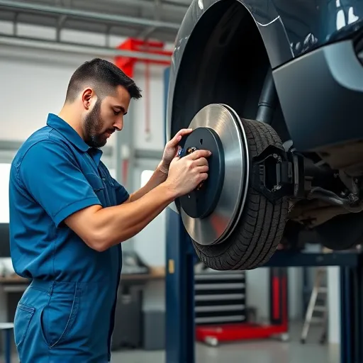 A mechanic replacing brake pads on a Dodge car in a well-equipped garage in Dubai, showcasing automotive service and maintenance.