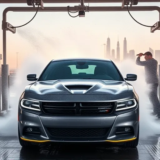 A Dodge car undergoing steam cleaning at a car wash in Dubai, with the city's skyline visible in the background.