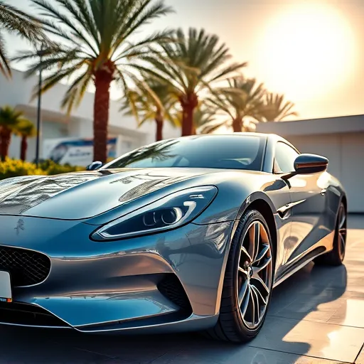 A gleaming car being detailed at a car spa in Dubai, surrounded by palm trees and a modern facility, reflecting the luxury of automotive care services.