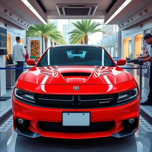 A Dodge car undergoing full detailing in a sophisticated interior spa in Dubai, with detailing tools and a beautiful modern backdrop.