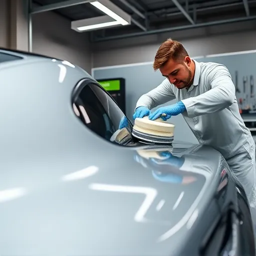 A technician polishing a luxury car in a Dubai workshop, highlighting the process of surface restoration with shiny reflections.