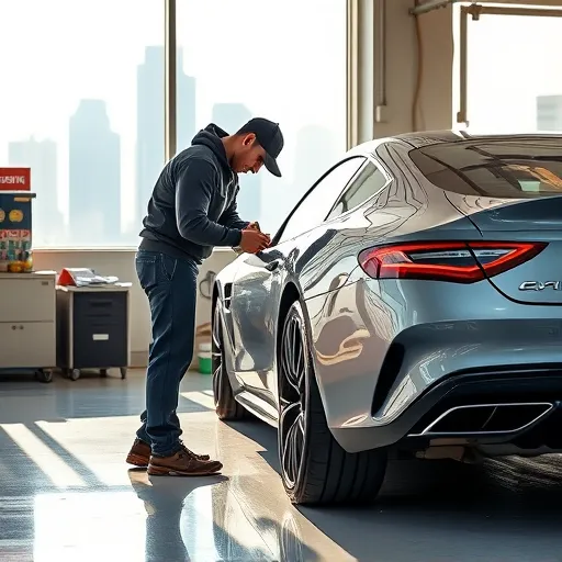 A mechanic performing rust proofing and underbody coating on a car in a Dubai workshop, with the skyline of Dubai in the background.
