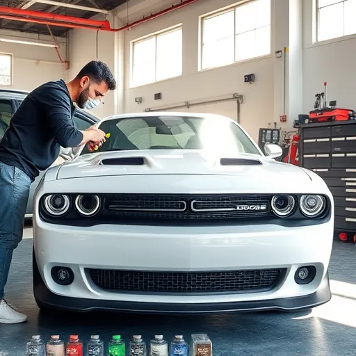 A modern car receiving undercoating and rust protection treatment in a Dubai garage, with the city skyline visible in the background.
