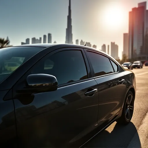 A Dodge car with tinted windows parked in Dubai, showcasing the city skyline including the Burj Khalifa under bright sunlight.