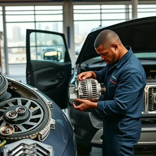 A mechanic replacing the alternator of a Dodge car in a Dubai garage, surrounded by tools and parts, with a view of the city in the background.