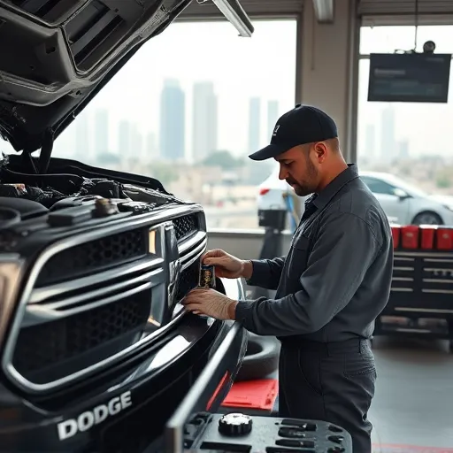A mechanic working on a Dodge car, replacing the fuel filter in a Dubai garage with a view of the city skyline.