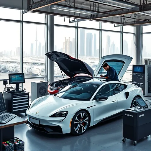 A technician calibrating a hybrid vehicle in a modern automotive service center in Dubai, with advanced diagnostic tools and the Dubai skyline in the background.