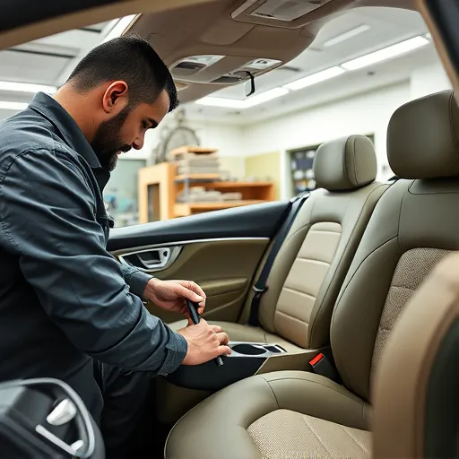 A craftsman repairing and customizing car upholstery in a modern workshop in Dubai, surrounded by various fabrics and tools.