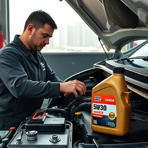 A mechanic changing the engine oil of a Dodge car using 5W30 oil in a Dubai workshop, with the city skyline in the background.
