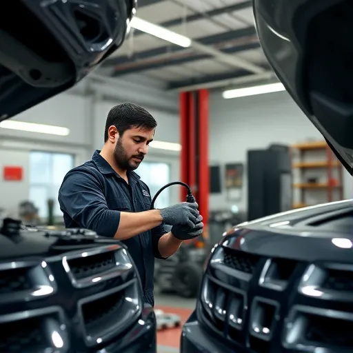 A mechanic replacing an oil filter on a Dodge vehicle in a modern automotive workshop.