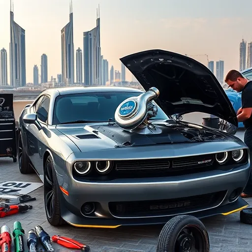 Dodge car with turbocharger installation in Dubai, featuring a mechanic working under the hood with the city skyline in the background.