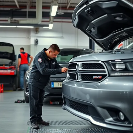 A mechanic conducting a pre-purchase inspection on a Dodge vehicle in a Dubai workshop, emphasizing safety checks and vehicle diagnostics.