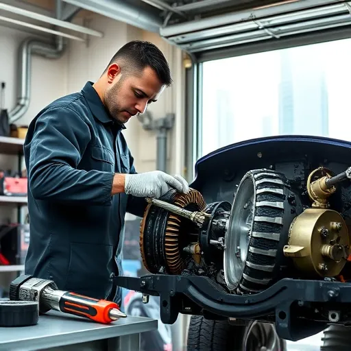 A mechanic working on a Dodge car's clutch replacement with the Dubai skyline in the background, showcasing a modern garage environment.