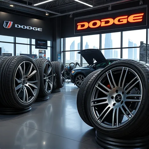 Dodge tyre shop in Dubai featuring diverse high-performance tyres and alloy wheels, with a mechanic servicing a Dodge car and the Dubai skyline visible.